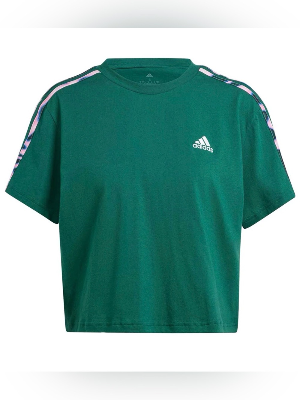 adidas Kids Emerald Green Cropped Tee with Pink Shoulder Stripes 901499